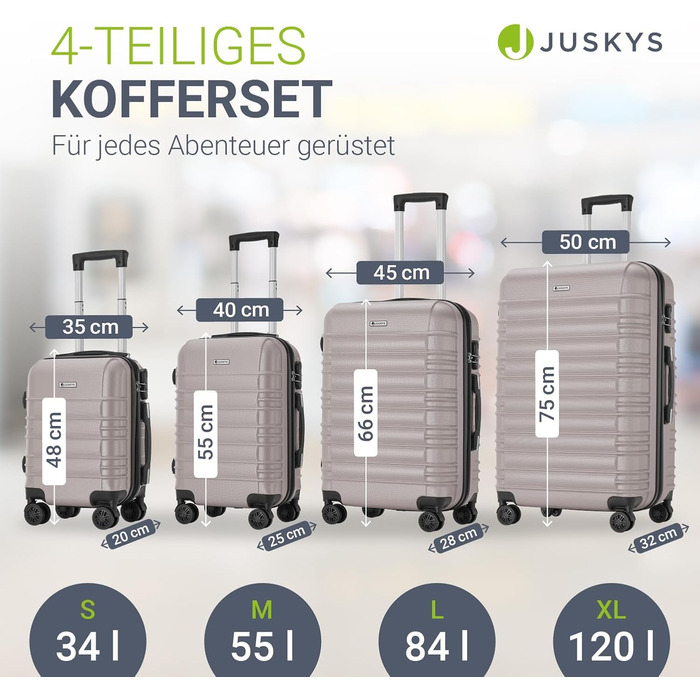 Набір валіз Juskys Hartschale 4 шт. з кодовим замком, тихі колеса 360°, телескопічна ручка, легкі - валізи в кольорі шампань