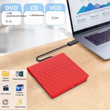 Зовнішній DVD CD привід USB 3.0 та Type-C, записувач CD/DVD +/-RW для ноутбука та ПК, сумісний з Windows, MacOS, Linux (червоний)