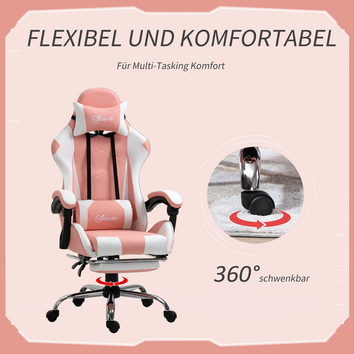 Vinsetto Gaming Chair, Computer Chair, Ergonomic Office Chair with Headrest and Lumbar Pillow, Height Adjustable, 360° Swivel, Pink+White | Aosom