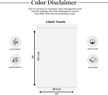Набір банних рушників Tens Towels з 100% бавовни, 4 шт, 68.6 x 137.2 см, швидкосохнучі та легкі рушники для ванної кімнати, бежеві