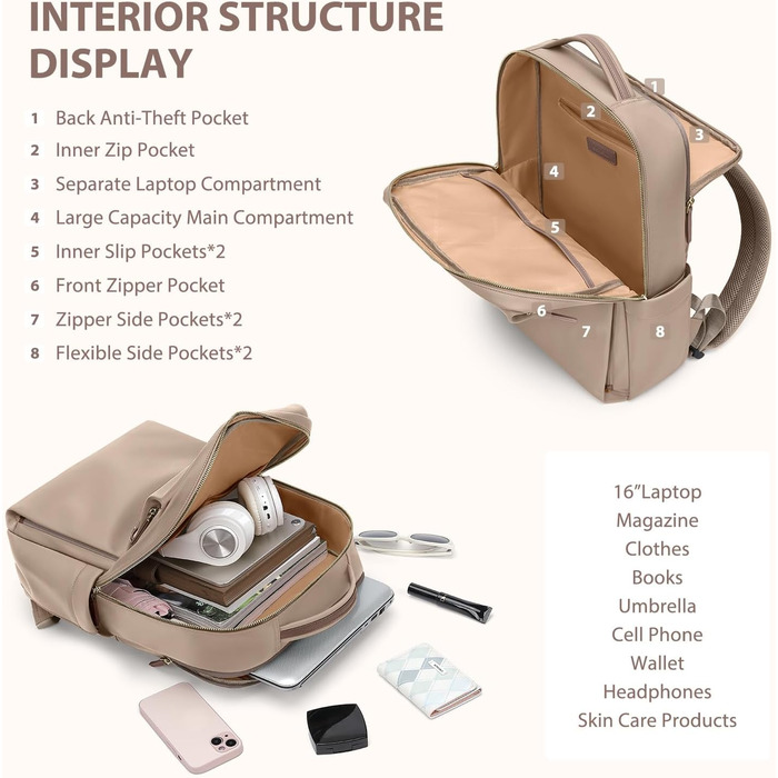Рюкзак для ноутбука 16 дюймів, водонепроникний, для чоловіків та жінок, для школи, подорожей та велосипеду (Коричневий)
