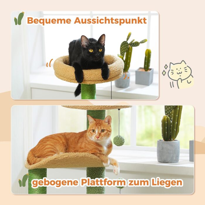 PETEPELA Cactus Scratch Tree Small 84cm Modern Cat Tree Detachable Top Bed, Plush Cave, 2 Sisal Posts, 2 Play Balls, Green