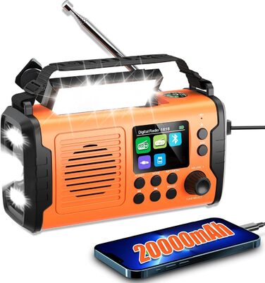Радіо Kurbelradio з сонячною панеллю та живленням від ручки, 20000mAh, DAB/DAB+/FM, Bluetooth 5.3, Powerbank, SOS, ліхтарик, компас, AUX, TF картка, LED-лампа, помаранчеве