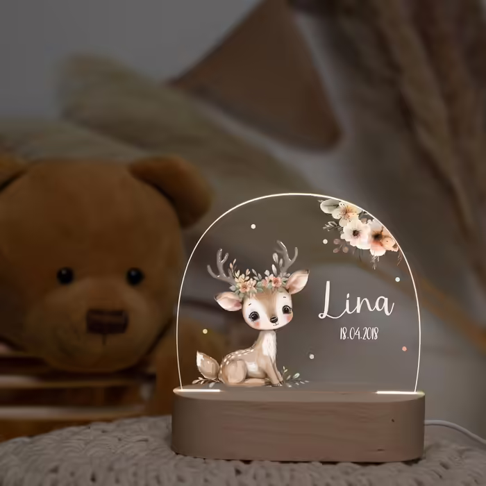 Night light for children with desired name, personalized night lamp dimmable - With a cute animal motif as personalized gifts for children for baptism, birth, Easter & baby gifts (Fawn)