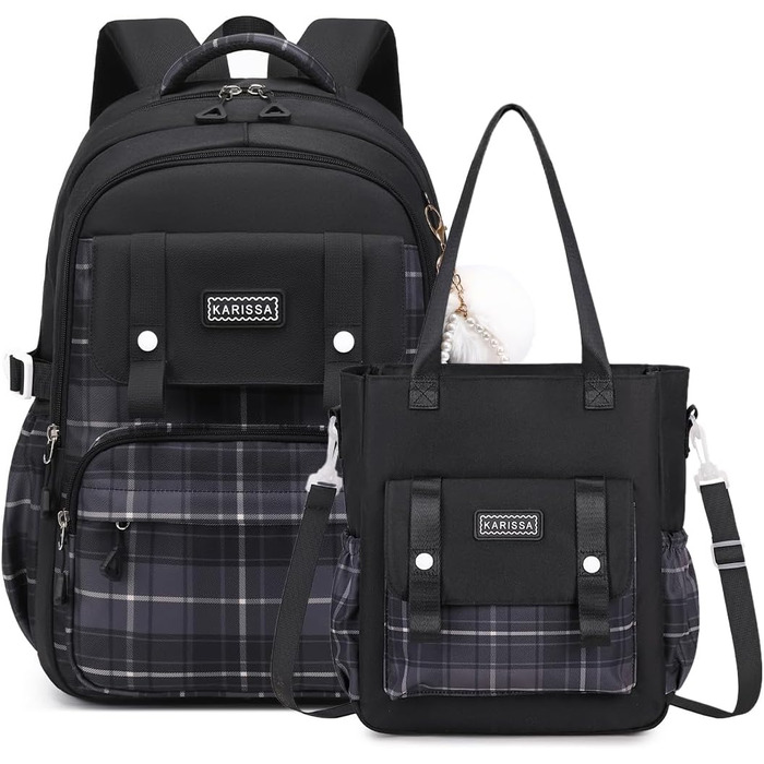 Шкільний рюкзак Tanou для дівчаток-підлітків, великий набір з сумкою через плече, в клітинку, 26л (чорний)