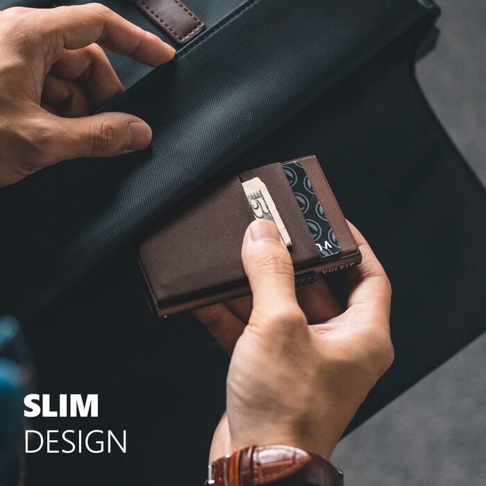Стильний металевий гаманець для карток VULKIT з RFID-захистом, EDC-відсіками та вікном для посвідчення, колір Espresso