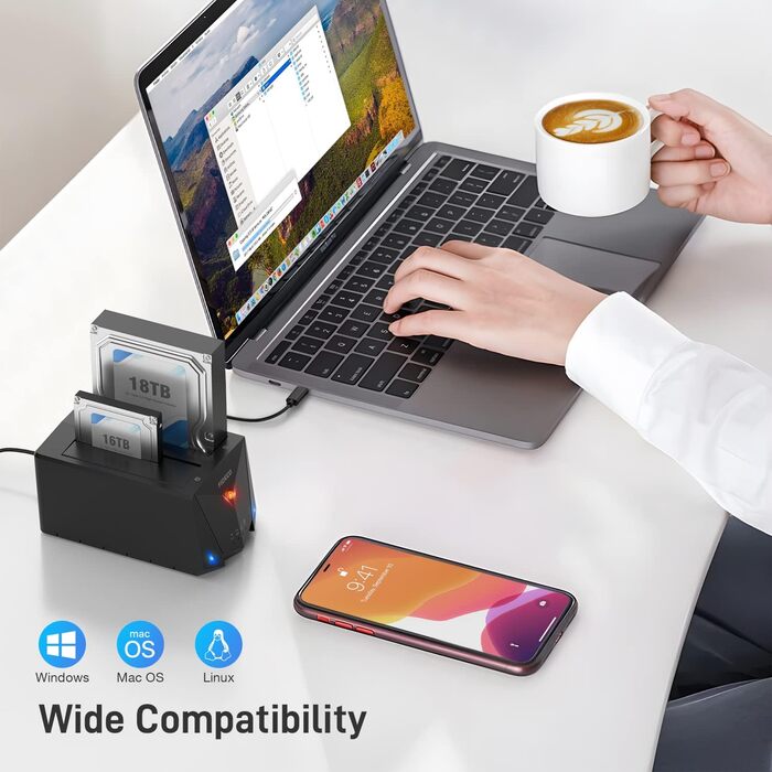 Док-станція для жорстких дисків FIDECO з USB 3.2 Gen1, 2 відсіки SATA HDD/SSD, підтримка UASP та офлайн-клонування, Type-C