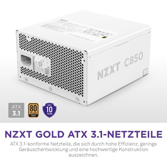Блок живлення NZXT C850 Gold ATX 3.1, 850W, 80 Plus Gold, повністю модульний, білий
