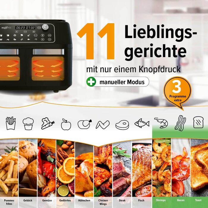 MAXXMEE Аерофритюрниця з подвійною камерою 11 л, цифрова, 2 відсіки по 5,5 л, гриль, духовка, фритюрниця з оглядовим вікном