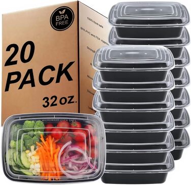 Контейнери для їжі Meal Prep, 20 шт., 32 oz (946 мл), 1 відсік, BPA Free, для зберігання, морозильника, мікрохвильовки та мийки посуду
