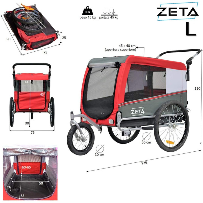 Причеп-перевозник для собак та котів Papilioshop Zeta, 3 розміри, червоний L