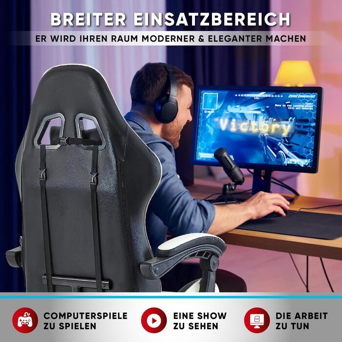 Геймерське крісло Walden Ergonomic для офісу та комп'ютерних ігор, зелено-біле, з регульованою спинкою та висотою
