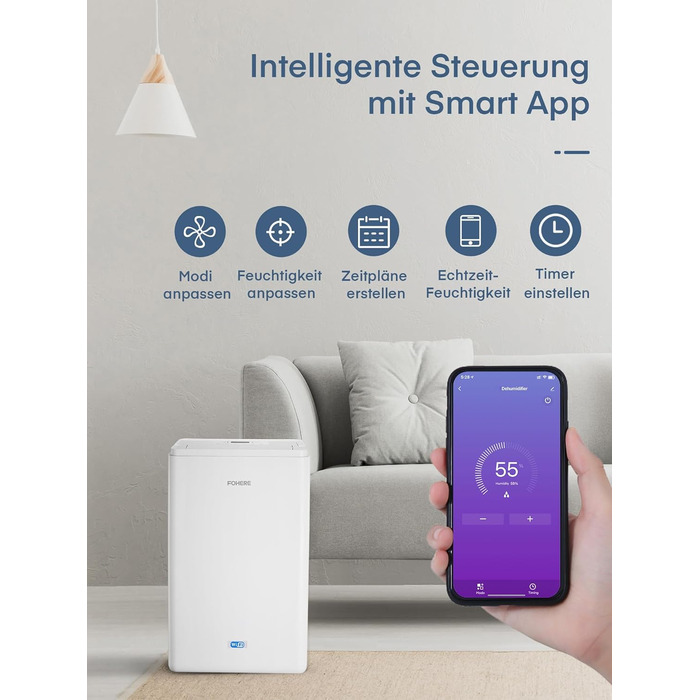 Розумний осушувач повітря з Wi-Fi та додатком, 20 л/24 год, для приміщень до 135 м³ (50 м²), об'єм бака 4.2 л, захист від переливу, таймер 24 год з режимом прання, осушувач для підвалу, спальні, ванної кімнати