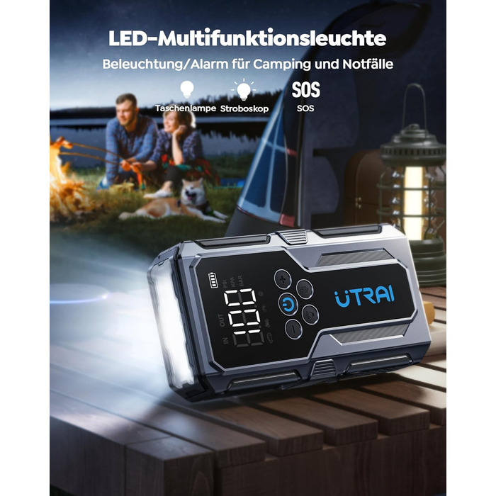 Powerbank Starthilfe UTRAI для автомобіля: 4500A, компресор 150PSI, швидка зарядка 18W, ліхтар, запуск двигуна до 8.5L бензину/6.5L дизеля