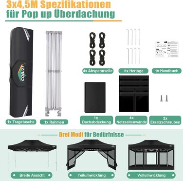 COBIZI Pavilion 3x3m Foldable, Waterproof & Winter-Proof – Stable Garden Tent with 23mm Steel Tube, UV50+ and Mosquito Nets for Camping/Parties + Carry Bag (Black, 3mx4.5m)