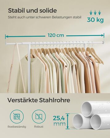 SONGMICS Clothes Rack with Wheels, Extendable Clothes Rod, Clothes Rail from Steel Pipes, Elevated Storage Rod, 40 x (83-120) x 156 cm, Cloud White HSR134W01