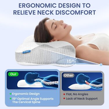 Подушка для шиї з піни Memory Foam, ортопедична для сну на боку, спині та животі (1 шт.), світло-біла