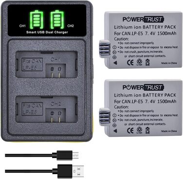 PowerTrust 2 шт. акумулятори LP-E5 та зарядний пристрій для Canon EOS 500D 1000D 450D, Rebel T1i, XS, XSi, KISS F, X3, X2