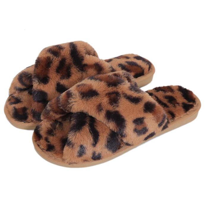Жіночі зимові капці з плюшу Leopard — теплі та комфортні домашні тапочки на плоскій підошві, протиковзкі, коричневий леопард (розмір 37/38 EU)