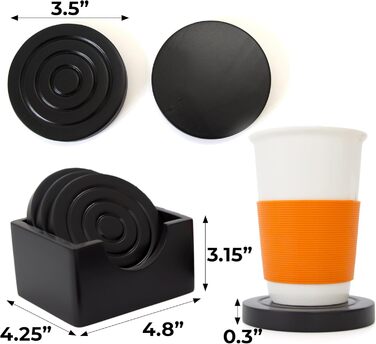Colorful Wooden Coasters for Drinks - 6-Piece Set for Drinking Glasses, Table Protector for Every Table Type, Gift Set for All Occasions (Black, Coasters (With Holder))