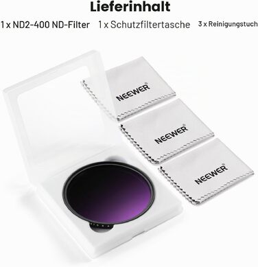 Варіабельний ND-фільтр NEEWER 67мм ND2-400 (1-9 стопів), регульований сірий фільтр для об'єктива камери з багатошаровим покриттям та 3 серветками для чищення