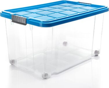 BigDean 4-Piece 60L Storage Boxes with Lid Large Steel - Stackable, Robust Box BPA-Free - Rollable Storage Box with Secure Click Closures - Made in Germany (Blue)
