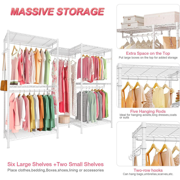 Металевий стійка для одягу з гачками, до 376 кг, 187 x 44 x 194 см, білий