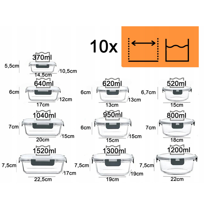 Набір зі 10 скляних ланчбоксів для їжі, термостійкі контейнери з герметичною кришкою