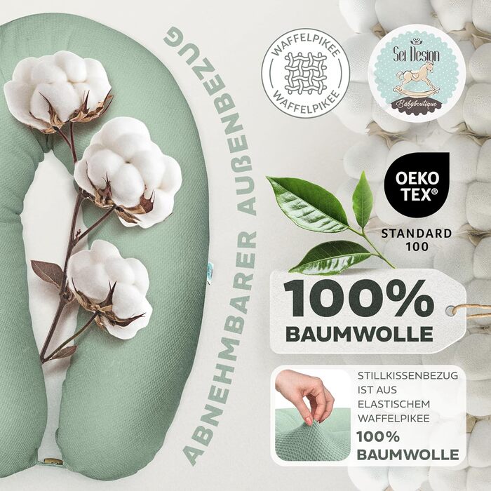 Ортопедична подушка для вагітних та годуючих Sei Design XXL з муслінової обтяжки, ергономічна, для сну на боці, комфортна для дорослих, 100% органічна бавовна (вафельна тканина м'ятного кольору, наволочка 190x30)