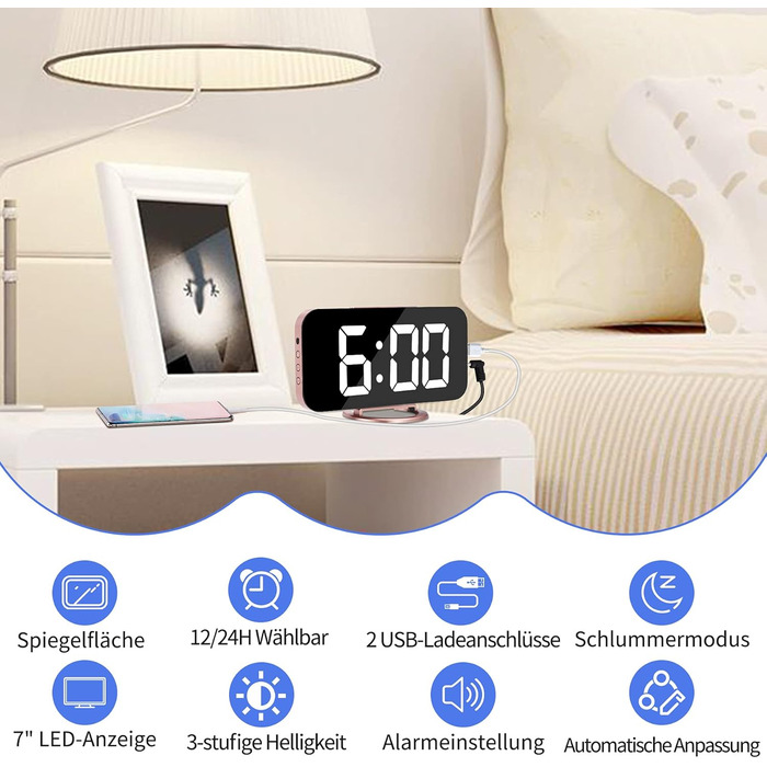 Цифровий годинник-дзеркало SZELAM з LED-дисплеєм 7 дюймів, 2 USB-порти для зарядки, функція відкладання, автоматичне регулювання яскравості, годинник для дому (рожеве золото)