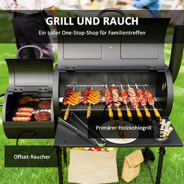 Сталевий вугільний гриль Outsunny BBQ Smoker з кришкою, термометром, колесами, полицею, мобільний гриль-візок з регулюванням подачі повітря, кошик для вугілля, вугільний гриль для барбекю, кемпінгу, саду 109x60x120 см | Aosom