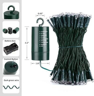 Льокотна гірлянда Joomer на Різдво, 20 метрів, 200 LED, з батарейками, таймером, 8 режимів, для прикраси ялинки, балкону, кімнати, вечірки, шлюбу, свята, вологостійка, тепле біле світло, провід теплий білий/зелений