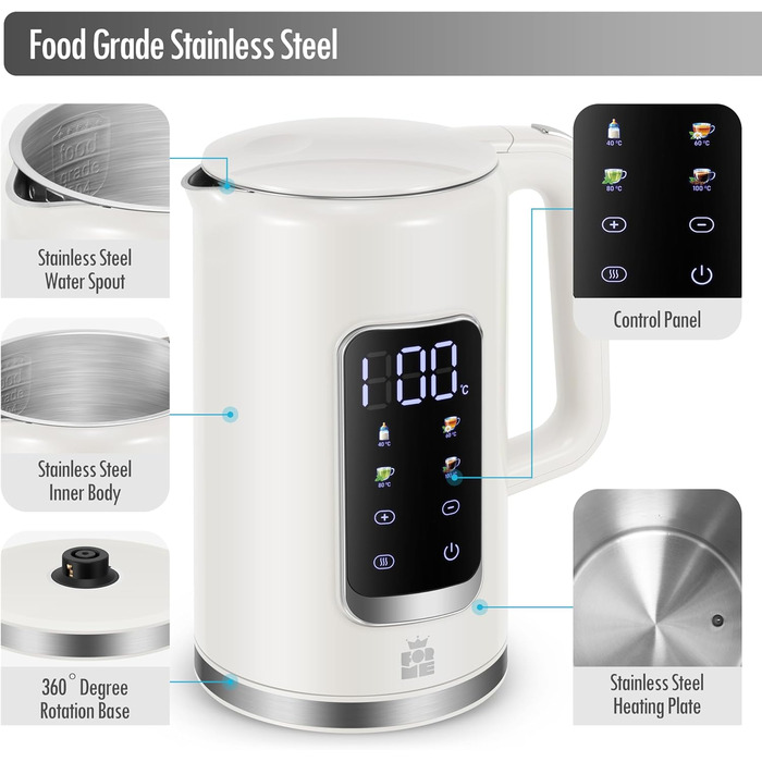 Електричний чайник ForMe з нержавіючої сталі, 1.7 л, регулювання температури 40-100°C, LED дисплей, функція підтримання тепла, BPA Free, білий