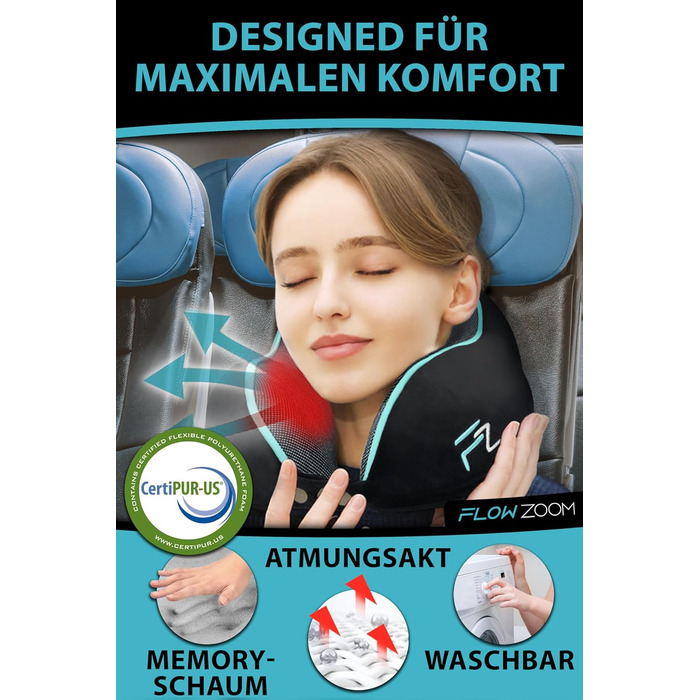 Подушка для шиї FLOWZOOM Comfy - для подорожей літаком та автомобілем. Регульована подушка з піною з пам'яті з підтримкою 360°, м'яка дихаюча обкладинка, транспортна сумка. Колір: сірий (Comfy - чорний)