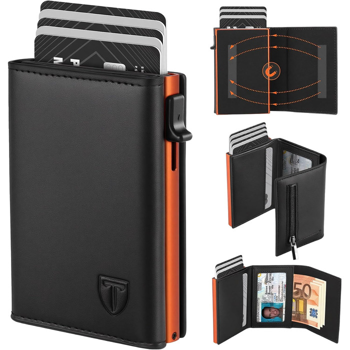 Чоловічий гаманець TEEHON з RFID захистом, відділенням для монет, 7 відділень для карток та ID-вікном, шкіряний, чорно-помаранчевий