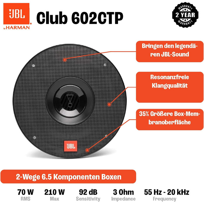 Автомобільна акустика JBL Club 602CTP, 2-смугові компонентні динаміки 210 Вт, 16 см, з твітерами і кросоверами, чорний