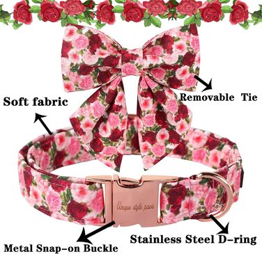 Гарний ошатний нашийник для собак Unique Style Paws, рожевий, з квітковим принтом (Pfingstrose), регульований, бавовна, для хлопчиків та дівчаток, з металевою застібкою, розмір M, обхват шиї 34-56 см