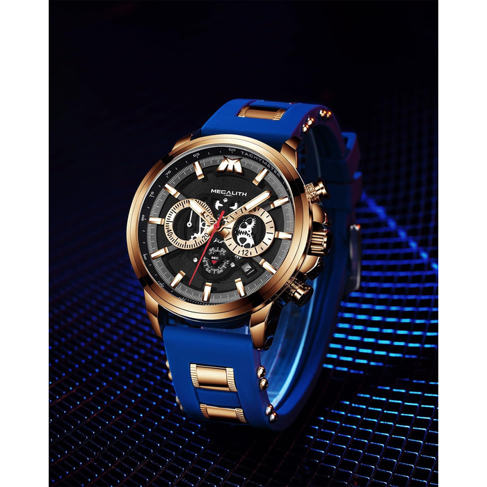 Чоловічий годинник MEGALITH Chronograph: аналоговий, водонепроникний, з датою, свідодіодом, кварцовий годинник. Ідеальний подарунок для спортивних чоловіків (B2-блакитний)