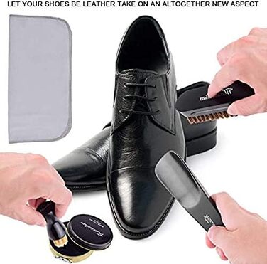 MAXIMILIAN shoe shine kits for leather, shoe care set with black and colorless shoe cream, 2 applicator brushes, soft horsehair brushes, shoehorn, cloth