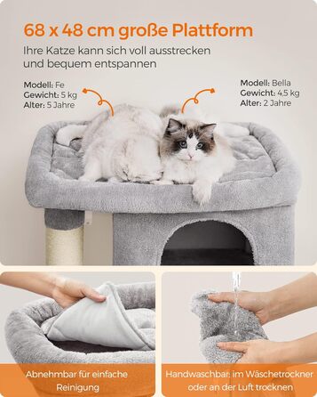 Feandrea Cat Tree, 84 cm Cat Tree, L, Cat House for Large Cats up to 7 kg, Large Platform, 2 Cat Caves, Sisal Posts, PCT61W (XL (68 x 48 x 101 cm), Light Grey)