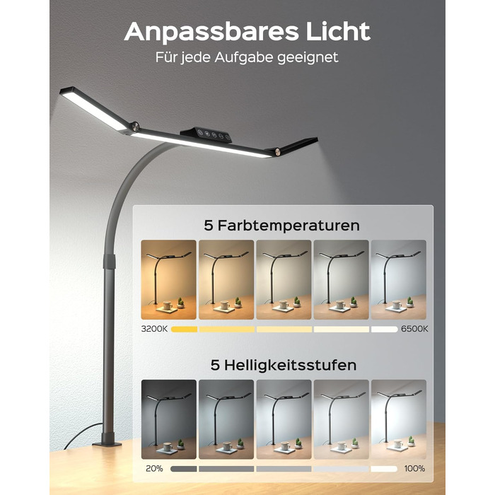 LED лампа настільна Jackyled з 3 регульованими головками, диммер, пульт, для монітора, офісу, майстерні, 5 рівнів яскравості та кольорових температур