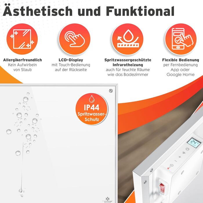 Інфранічний обігрівач KESSER® 350W: енергозберігаючий, з пультом, термостатом та керуванням через додаток. Можливість встановлення на підлогу або на стіну. Білий конвекторний нагрівач.