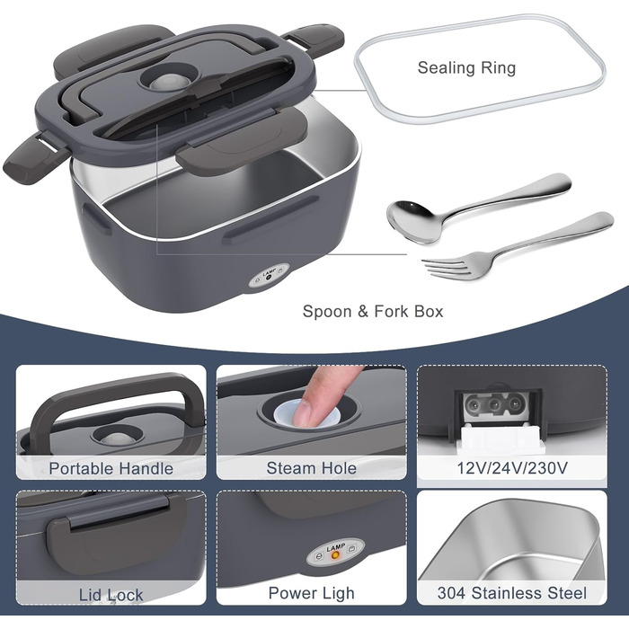 Електрична ланчбокс Carsolt 80W 1,5L з 3 функціями (нагрівання, термобокс, ланчбокс) для авто, офісу та дому. Висока якість, сірий колір, 12V/24V/230V, знімний контейнер. Безпечна від протікання.