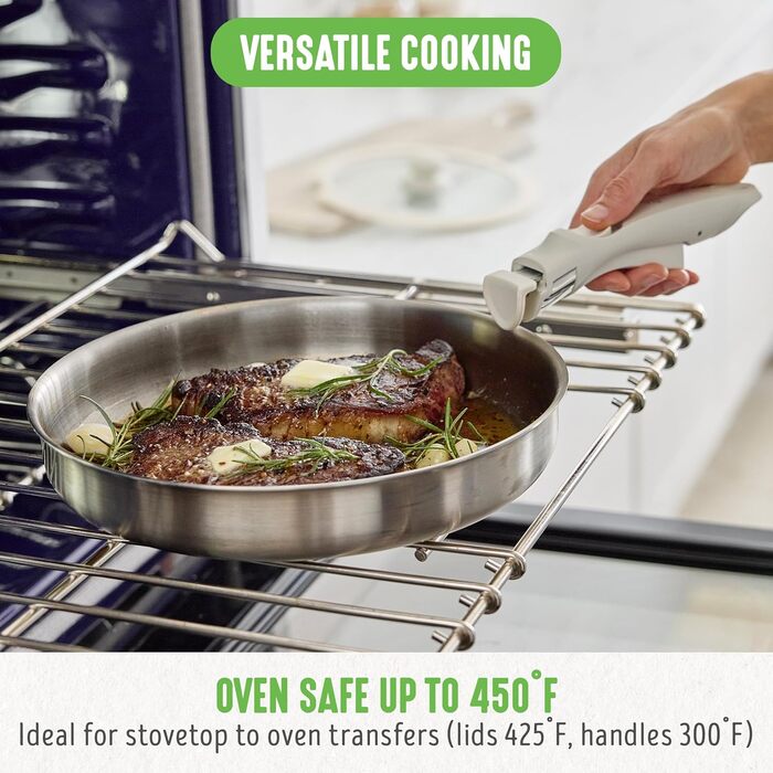 Набір каструль та сковорідок GreenLife Edelstahl 10 предметів, нержавіюча сталь, індукція, знімні ручки, без PFOA, сріблястий