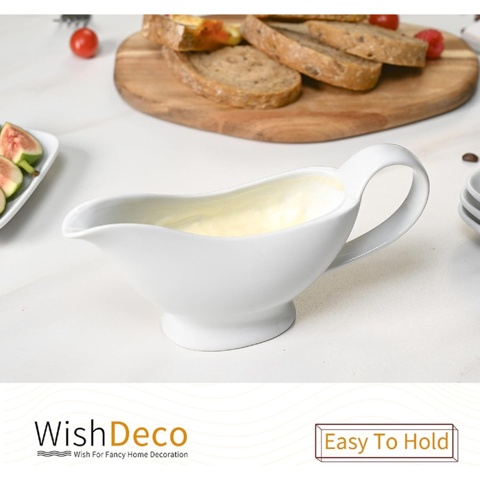 WishDeco біла соусниця з кераміки 220 мл, порцелянова соусниця з ручкою для соусу, салатної заправки, бульйону, крему