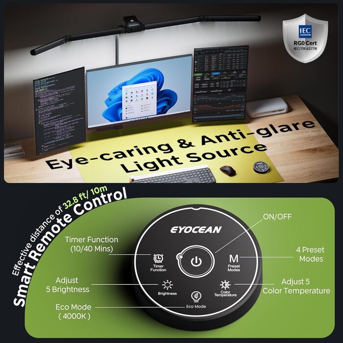 Лампа настільна EYOCEAN з 4 джерелами світла, 24W, 100 см, денне світло, з пультом, регулювання яскравості, LED, для офісу, з лебединою шиєю, захист очей, чорна матова