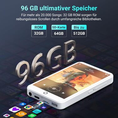 MP3 плеєр 96GB з Bluetooth, WiFi, Android 13, 4