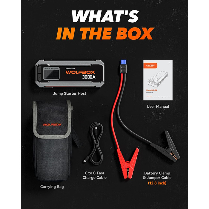 Powerbank WOLFBOX для запуску авто: 12V, 3000A, LED-ліхтар, для SUV, LKW, мотоциклів