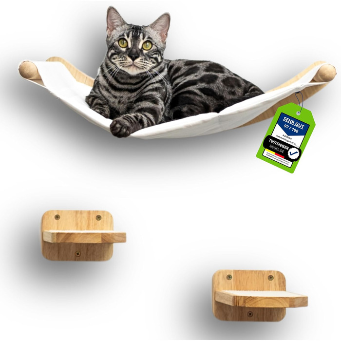 AZANO® Cat Wall | XL Cat Hammock [Extra Stable and Large] with Cat Ladder for the Wall | Cat Ladder with Sleeping Place | Climbing Cat Bed Made of Natural Wood | 3-Piece (with Steps)