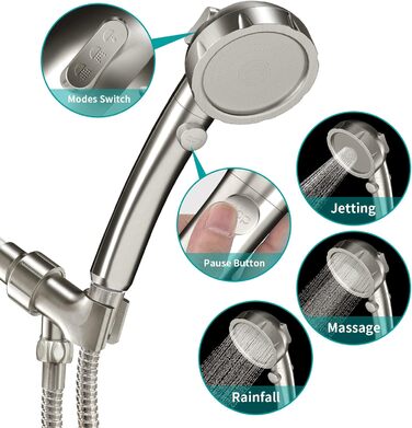 MIAOHUI Modern Handheld Showerhead with On/Off Switch, High-Pressure Showerhead with Handheld, 3 Spray Settings, Detachable Showerhead with Hose, Adjustable Shower Holder (Brushed Nickel)